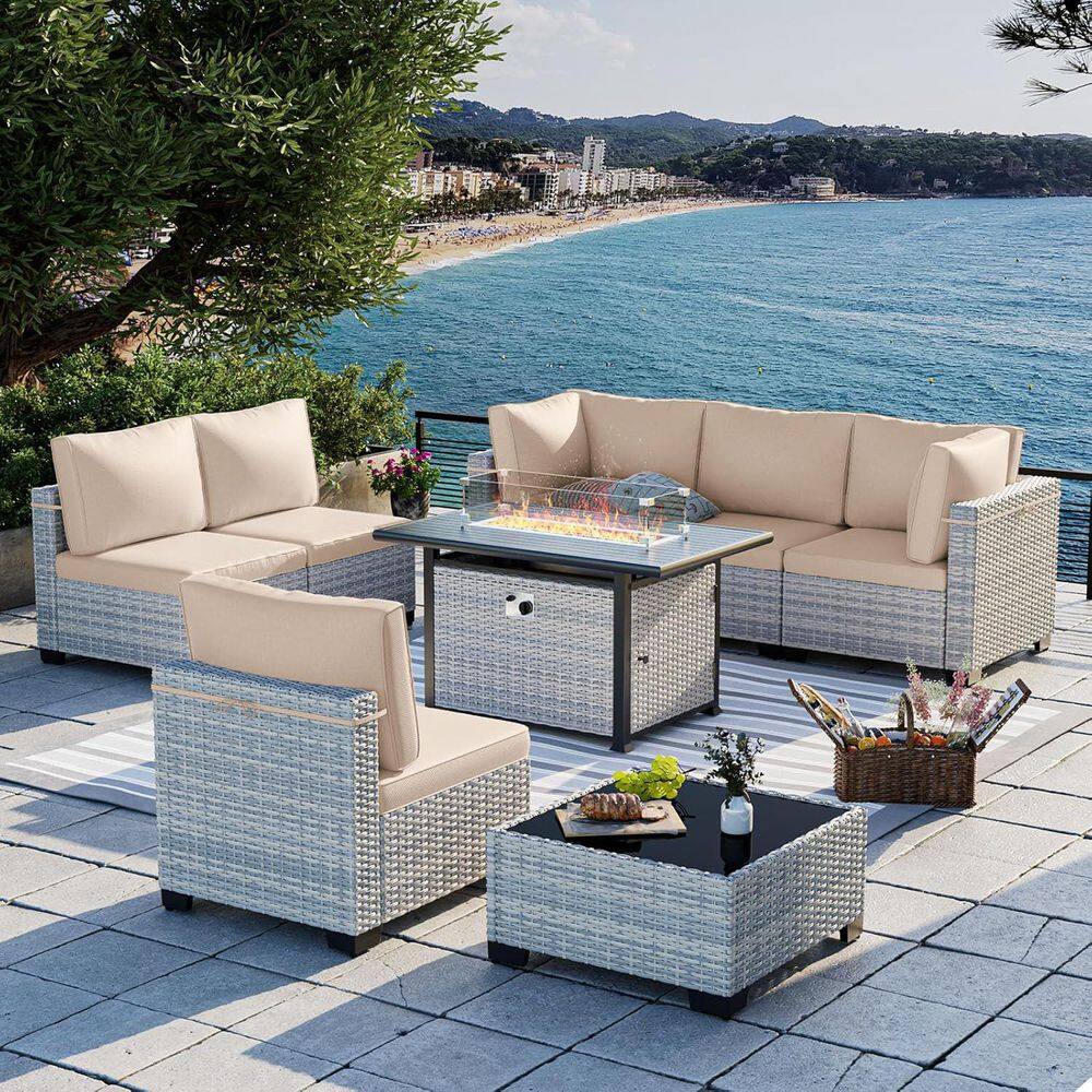 8-Piece Wicker Patio Conversation Set with 55,000-BTU Fire Pit Table and Glass Top Table with Beige Cushions price history on PriceWatchPro