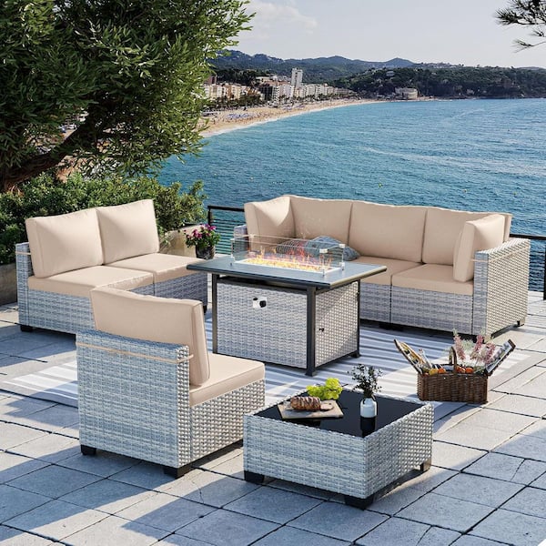 muphyers 8-Piece Wicker Patio Conversation Set with 55,000-BTU Fire Pit Table and Glass Top Table with Beige Cushions