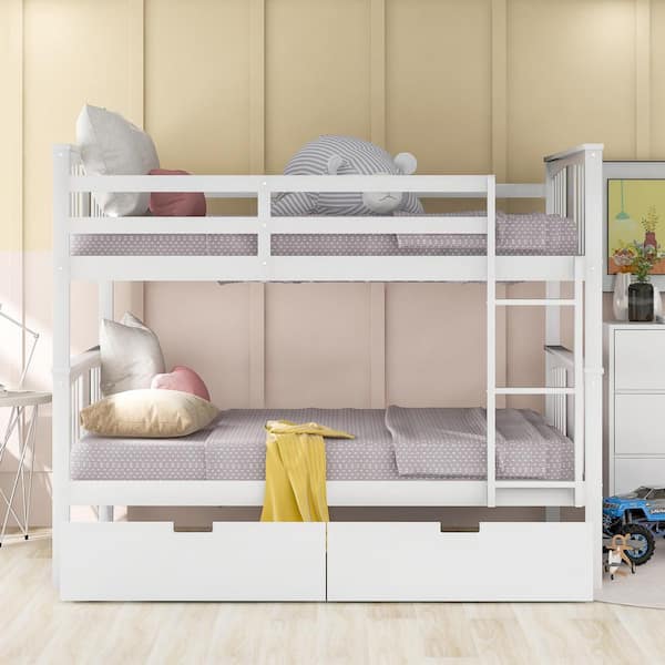 White Full Over Full Bunk Bed with Drawers and Ladder for Bedroom, Guest Room Furniture