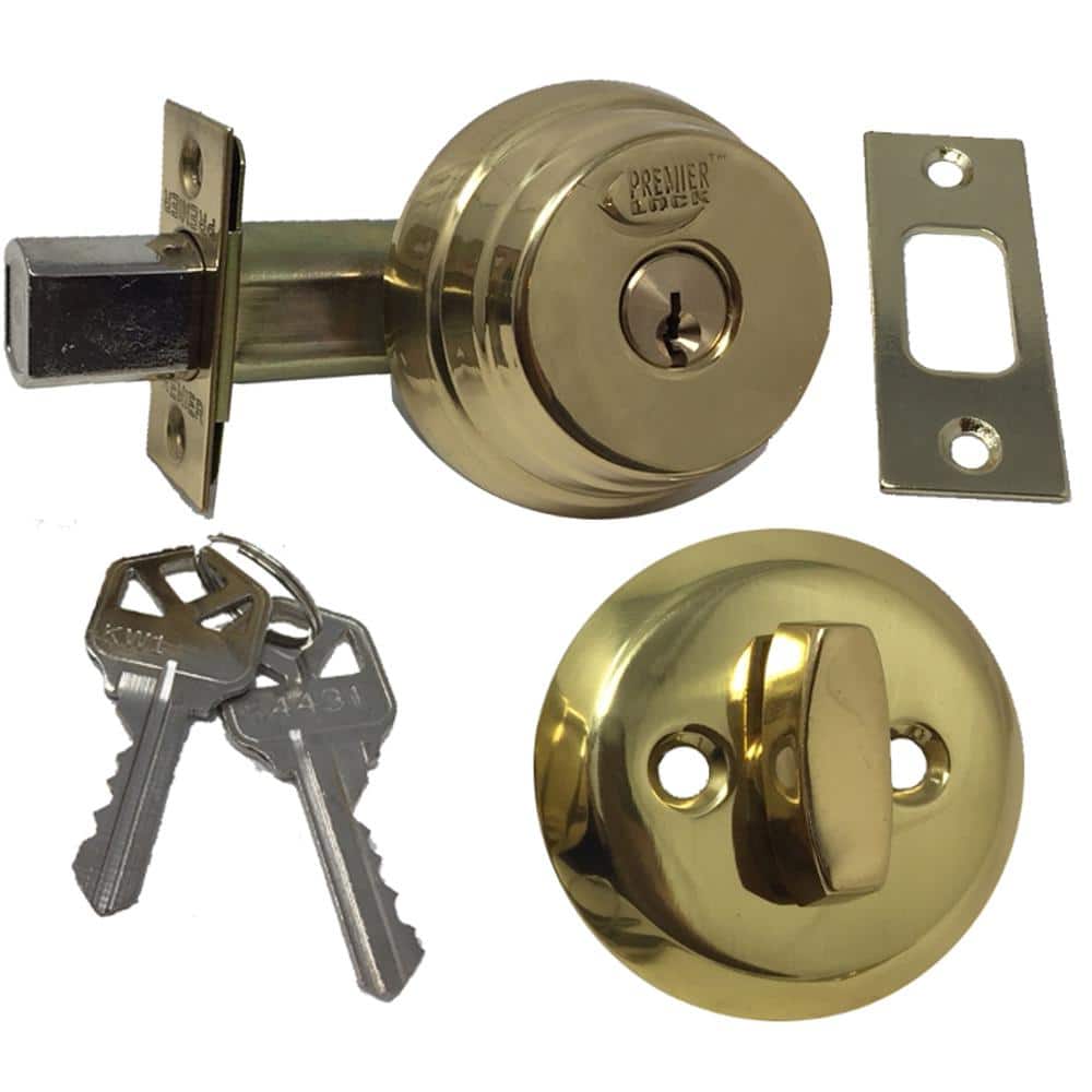 Premier Lock Brass Arrow Style Door Lock Single Cylinder Deadbolt with 2-3/8  in. Latch and KW1 Keys ADB03 The Home Depot