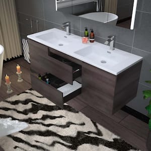 NJ 59 in. W x 19.63 in. D x 21.5 in. H Single Sink Floating Bath Vanity in Grey Oak with White Resin Top