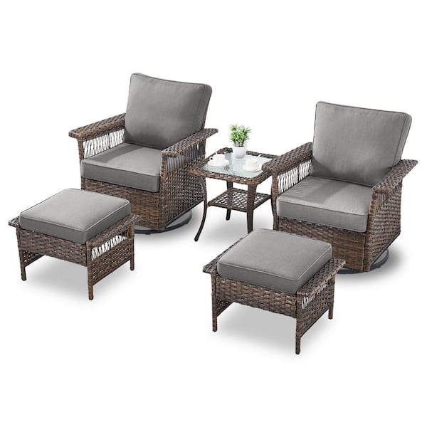 moosprr Seagull 5-Piece Brown Wicker Patio Conversation Set with Gray Cushions and Patio Swivel Chairs/Ottoman