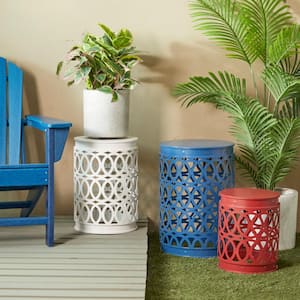 16 in. Multi Colored Indoor Outdoor Nesting Large Round Iron End Accent Table with Carved Trellis Design (3- Pieces)