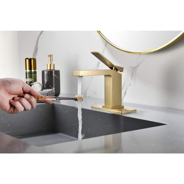 6 in. Solid Brass Single Hole Single Handle Bathroom Sink Faucet with Deckplate Included and Drain Kit in Brushed Gold
