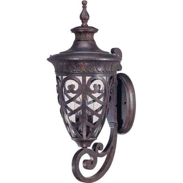 Glomar 3-Light Outdoor Dark Plum Bronze Arm up Wall Lantern Sconce with Seeded Glass Shade