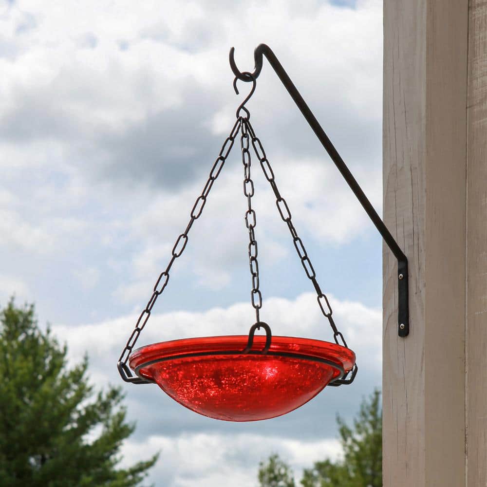 Red Crackle Glass Hanging Birdbath with Iron Chain