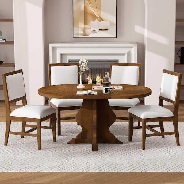 5-Piece Brown Wood Top Dining Table Set with Leaf Seats 6