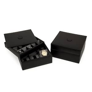 Black Leather Stacked Valet for 6-Watches and 20-Cufflinks with Lid