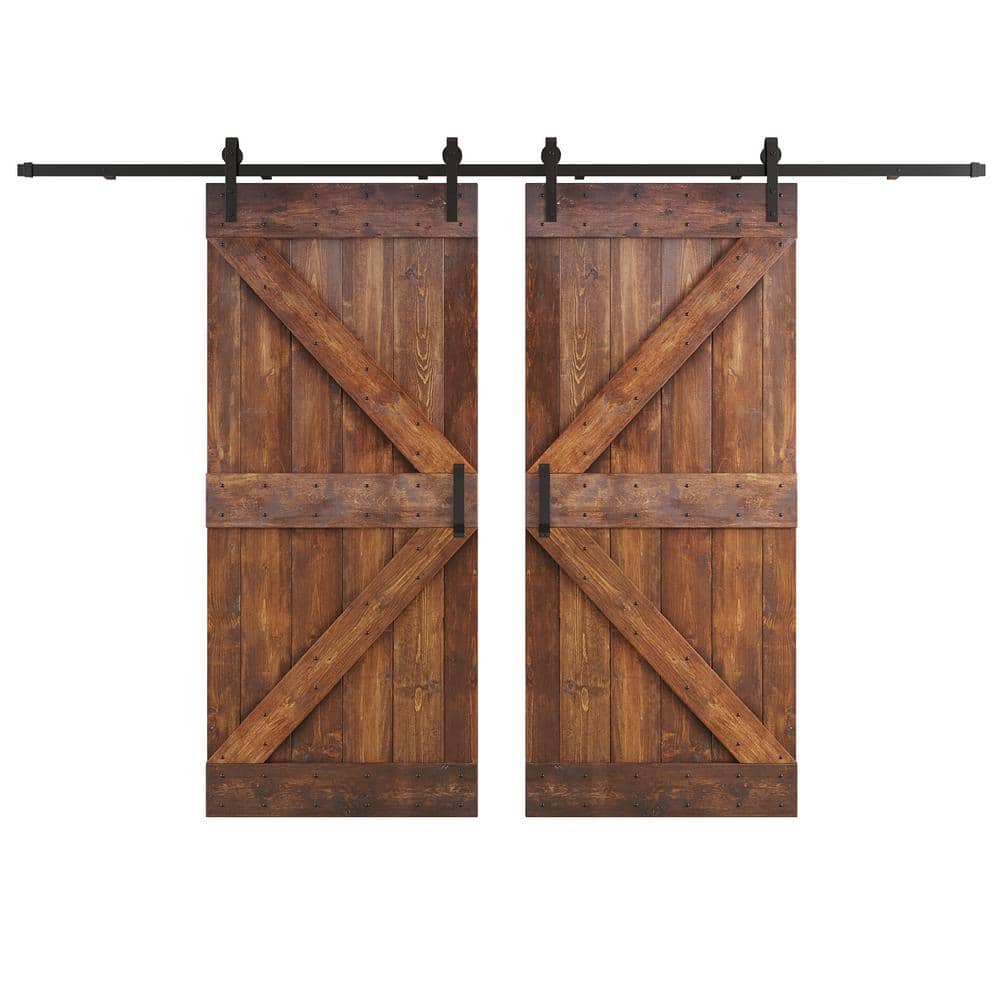 Dark Walnut Pine Wood Double Sliding Barn Door with Hardware Kit, 76" x 84"