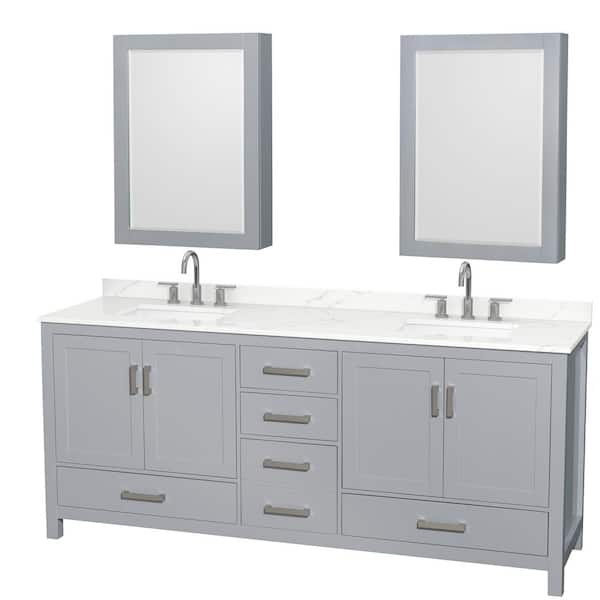 Wyndham Collection Sheffield 80 in. W x 22 in. D x 35 in. H Double Bath Vanity in Gray with Giotto Quartz Top and Mirror