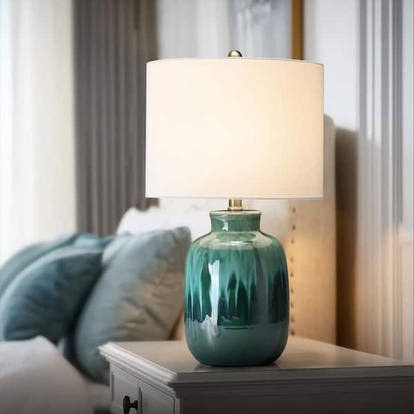20 in. Green Ceramic Table Lamp with White Drum Shade