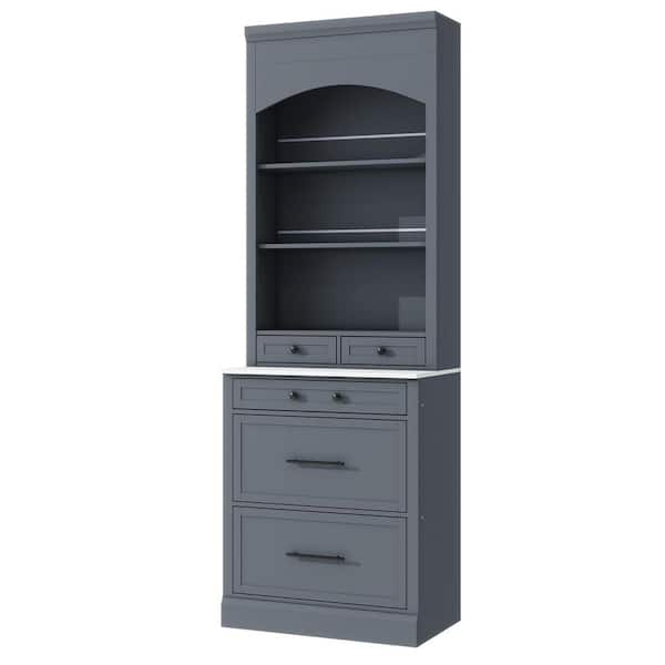SANFANGIE TM Modern 83.7 in. 3-Stage, Display Cupboard Cabinet with 5 Storage Drawers and Adjustable Shelf, Gray