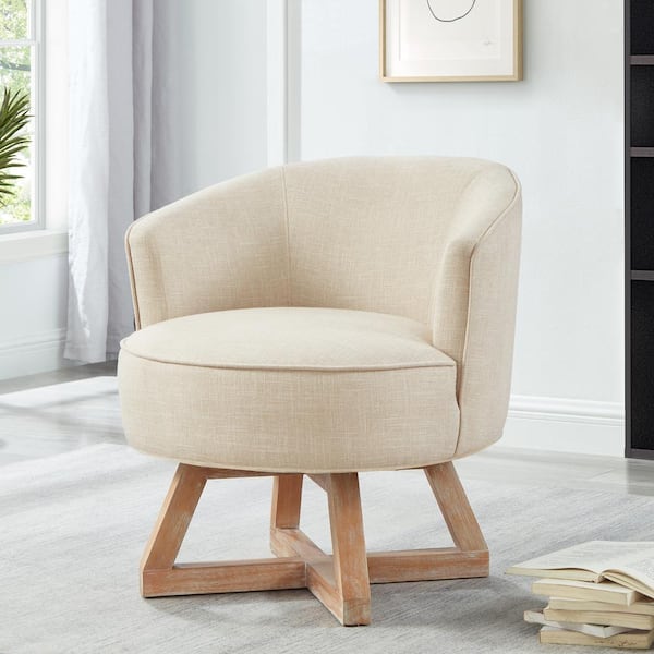 Noble House Horsan Beige Upholstered Linen 360° Swivel Arm Chair, Rubberwood Cross-Shape Legs