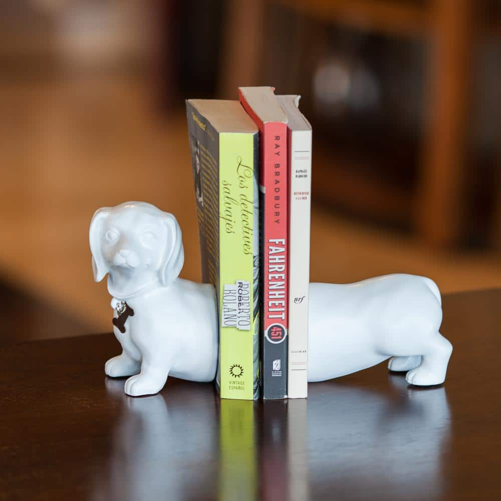 DANYA B Dachshund Dog White Resin Bookends (Set of 2)