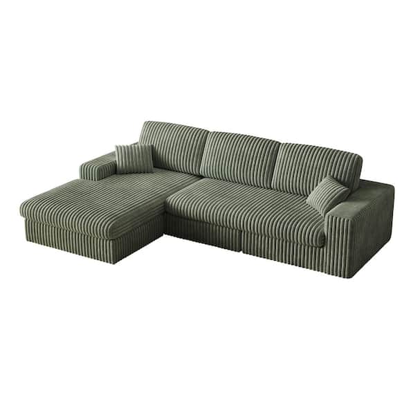 Hoyle 114.5 in. Convertible Corduroy Modular Compression Sectional Sofa in Green with Reversible Chaise Lounge, Pillows
