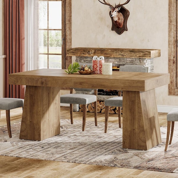 BYBLIGHT Sealey Farmhouse Light Brown Wood 55.1 in. Pedestal Dining Table Seats 4-Rectangular Dining Room Table with Sturdy Legs