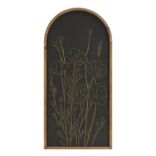 43 in. x 20.5 in. Black/Gold/Brown Embossed Floral Coastal Botanical Arch Framed Metal Work Wall Art for Living Room