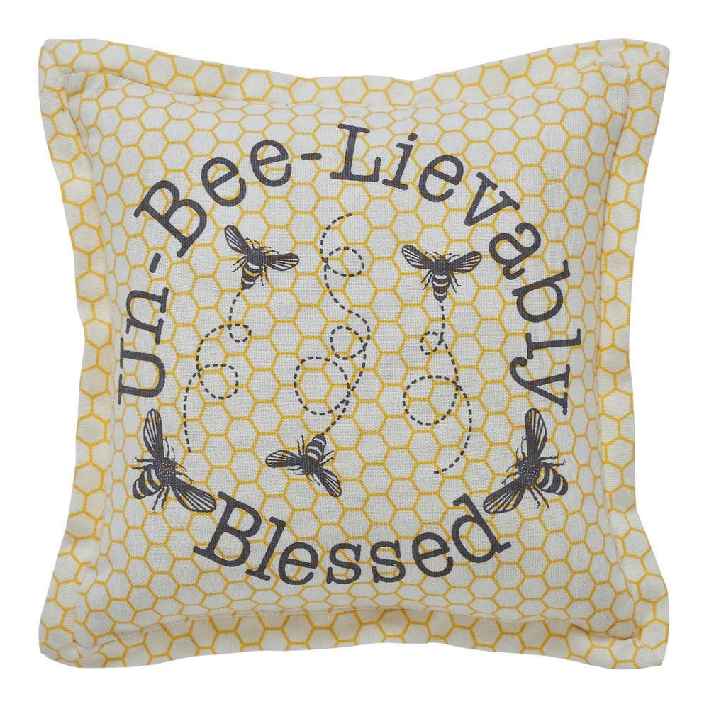 Vintage Yellow Cotton Square Throw Pillow with Bee Design