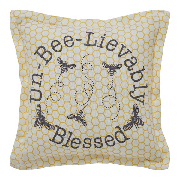 VHC BRANDS Buzzy Bees Yellow Antique White Grey Un-Bee-Lievably Blessed 9 in. x 9 in. Throw Pillow