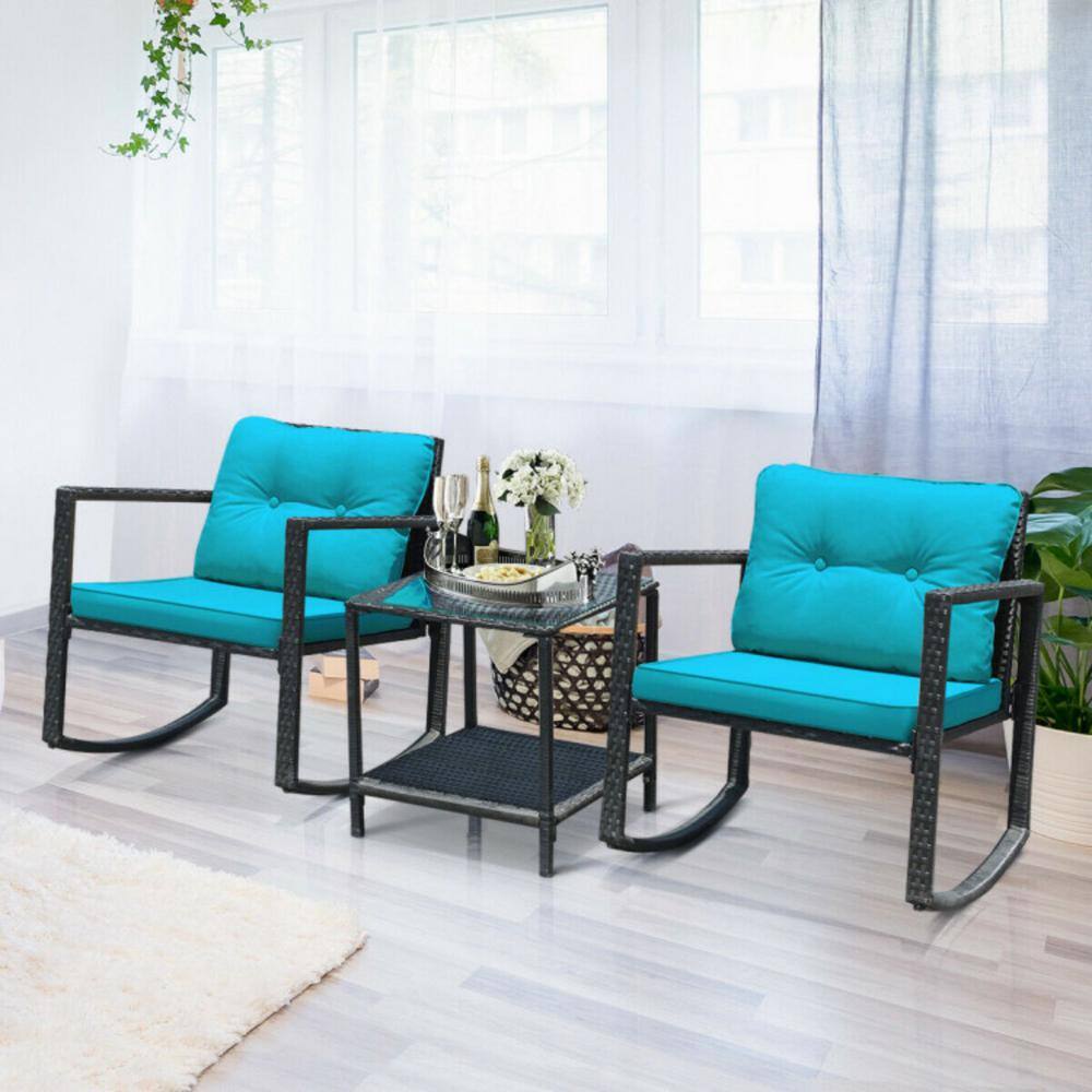 Blue Cushioned Wicker Rocking Chair Set with Glass Table