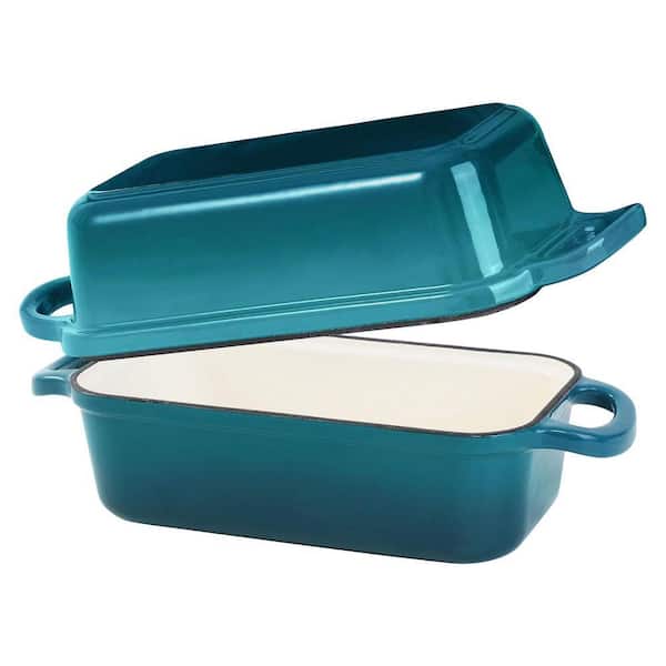 2 qt. Enameled Cast Iron Rectangular Dutch Oven Bread Loaf Pan with Lid in Teal for Baking Bread Sourdough