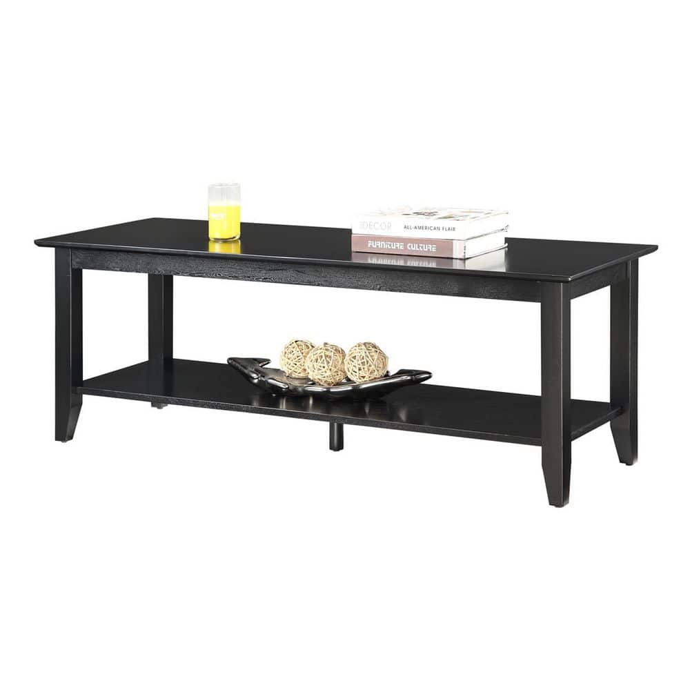 48" Black Rectangular Wood Coffee Table with Storage Shelf