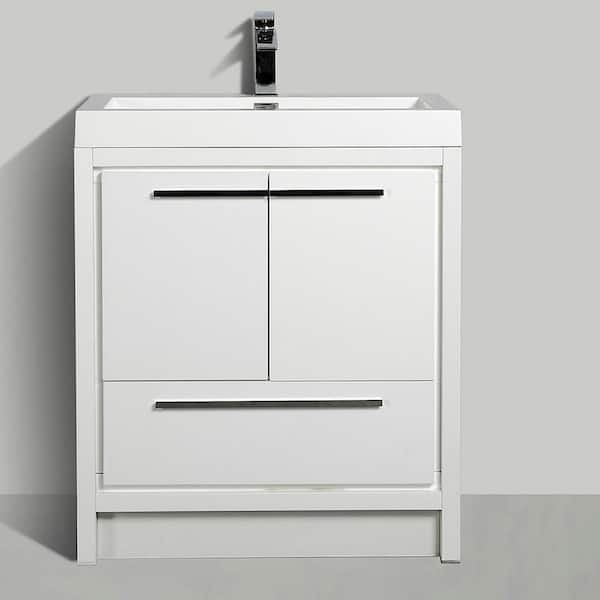 Staykiwi 30 in. W x 20 in. D x 35 in. H Single Sink Freestanding Bath Vanity in HG-White with White Solid Surface Top
