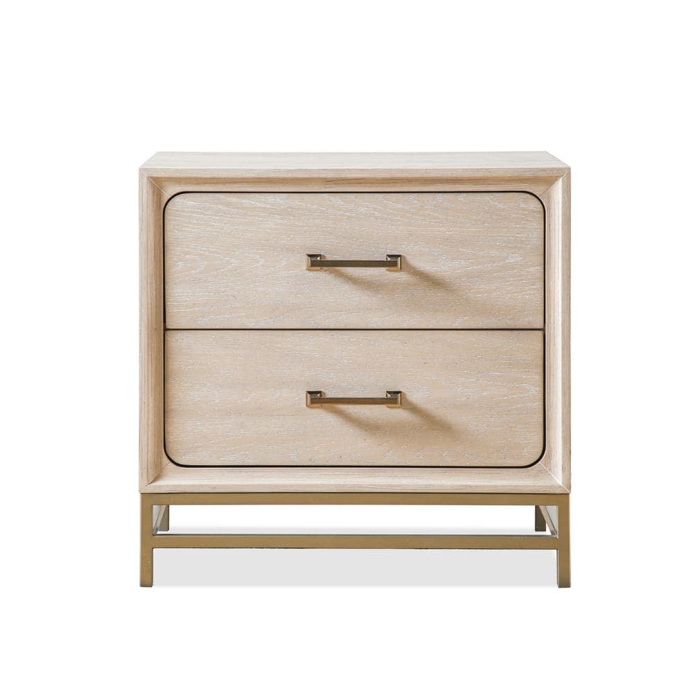 Oak and Metal 2-Drawer Nightstand with Brass Handles