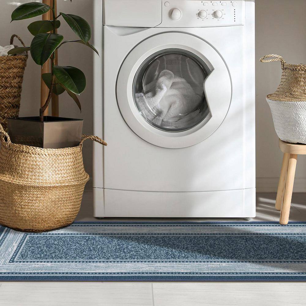 Blue Synthetic Non-Slip Washable Hallway Runner Rug