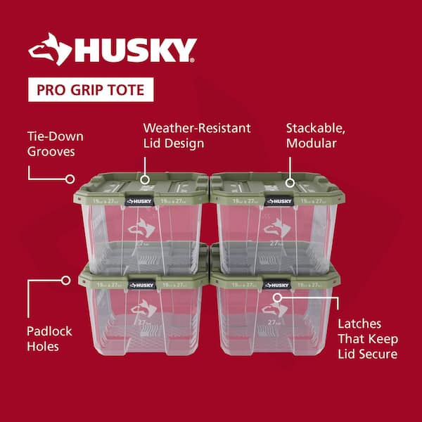 27 Gal. Pro Grip Storage Tote in Clear with Army Green Lid (4-Pack)