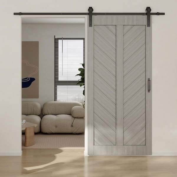 TENONER 42 in. x 84 in. Silver Grey, V Frame, Finished, MDF Barn Door Slab with Barn Door Hardware