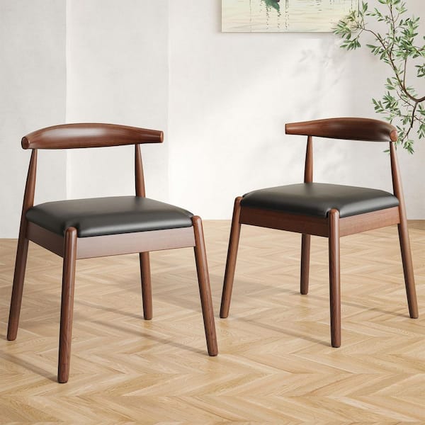 Modern Walnut and Black Faux Leather Armless Dining Chair with Rubberwood Legs and Curved Backrest, Set of 2