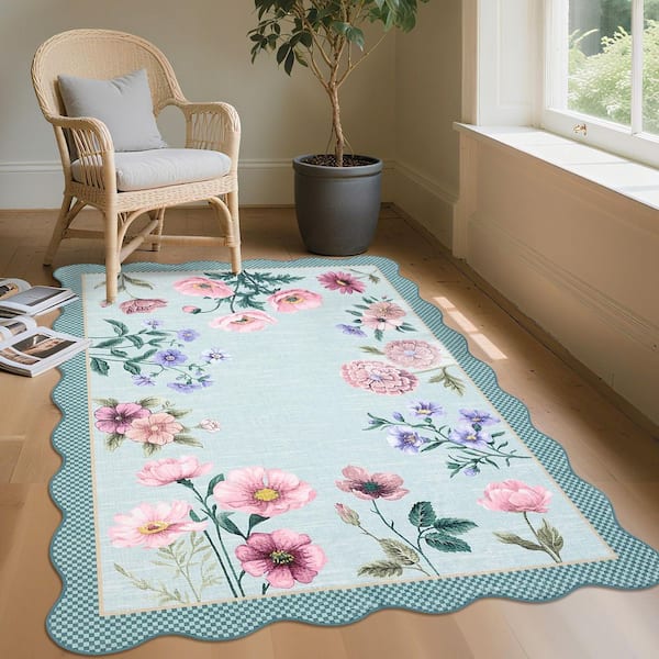 Light Blue 5 ft. x 7 ft.ft Floral Scalloped Rug Low Pile Non-Slip Polyester for Living Rooms and Bedrooms