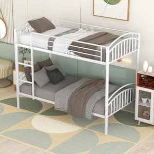 White Twin over Twin Metal Bunk Bed with Ladder, Divided into 2-Separate Beds