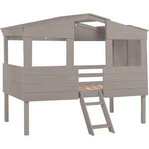 Pine Wood Cabana Low Loft Bed with 2 Step Ladder in Light Gray