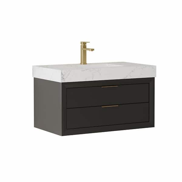 Wenlorin 36 in. Single Sink Floating Black Bath Vanity with White Engineered Marble Top Pre-assembled