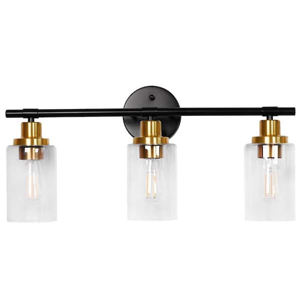 23 in. 3-Light Black and Gold Vanity Light with Clear Glass Shade for Bathroom, Vanity, or Mirror, Dimmable