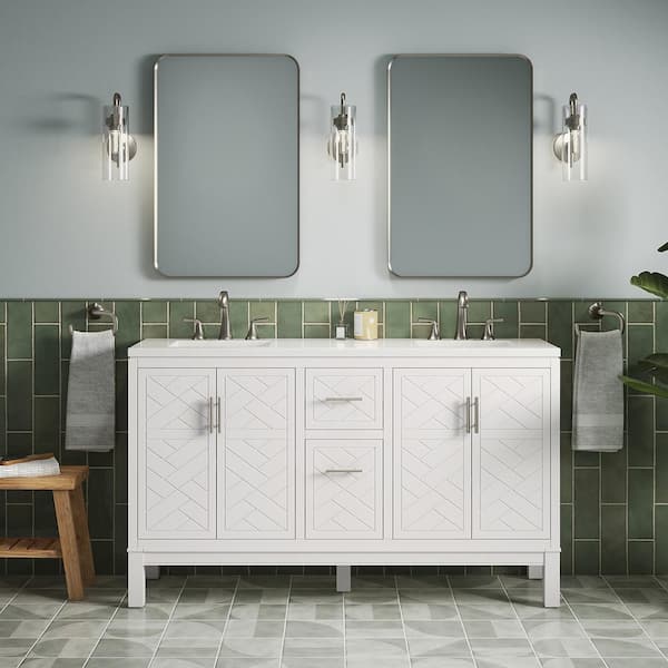 KOHLER Accra 60in. Double Sink Freestanding White Bath Vanity with Pure White Quartz Top Assembled