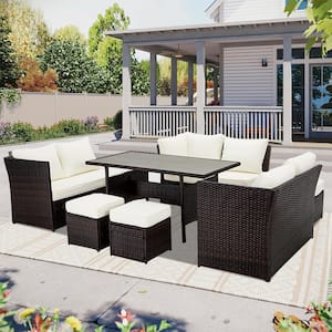 Black 7-Piece Wicker Outdoor Sectional Set with Beige Cushions and Table