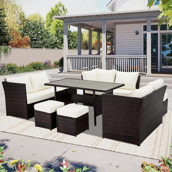Cesicia Black 7-Piece Wicker Outdoor Sectional Set with Beige Cushions and Table