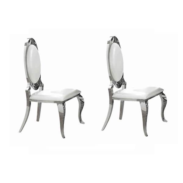 Benjara Silver and White Leather Dining Chair Cabriole Style Front Leg (Set of 2)