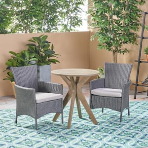 Jillian Gray 3-Piece Wood and Faux Rattan Outdoor Bistro Set with Silver Cushions