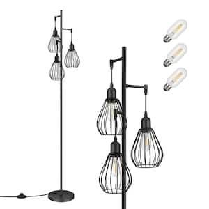 65 in. Black Industrial 3-Light Standard Floor Lamp for Living Room with Metal Cage Shade