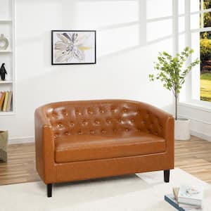 49 in. Midcentury Modern Caramel Button Tufted Faux Leather 2-Seat Barrel Loveseat