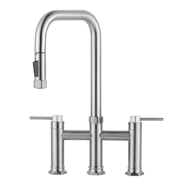 3-Hole 8 in. Double Handle Brass Bridge Kitchen Faucet with 2-Mode Pull Down Sprayer and Supply Lines in Brushed Nickel