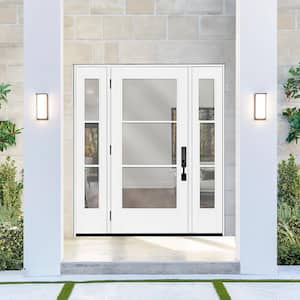 Legacy 64 in. x 80 in. Icon 3-Lite Modern Clear Glass RHOS Primed Fiberglass Prehung Front Door w/ Dbl 12 in. SL