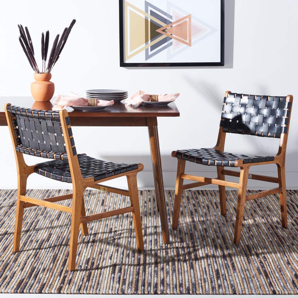 Taika Black Woven Leather and Natural Wood Dining Chair Set