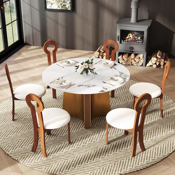 Magic Home 53.1 in. Ink Round Sintered Stone Tabletop Gold Pedestal Base Kitchen Dining Table (Seats-6)