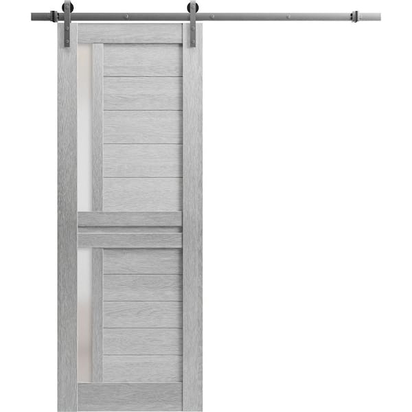 Assembly Required 36 in. x 80 in. 1-Panel Frosted Glass Light Grey Oak Solid Wood Sliding Barn Door with Hardware Kit