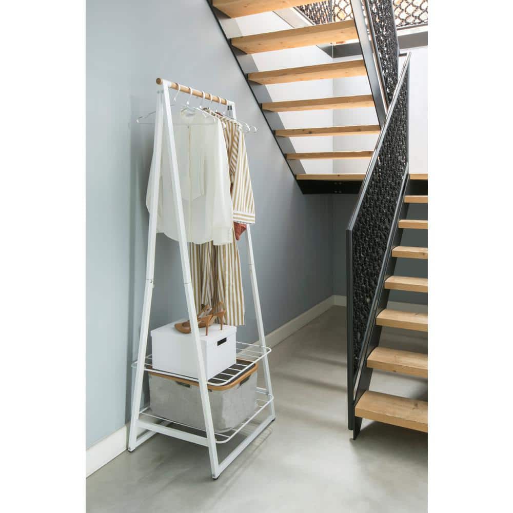 Small White Wood and Wire Garment Rack with Adjustable Shelves